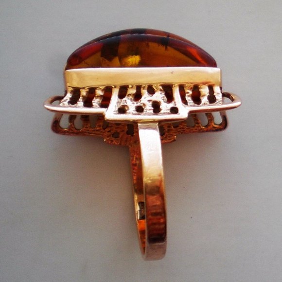 Vintage Russian Russia 14K 583 Rose Pink Gold Baltic Honey Amber Cocktail RING - Picture 6 of 10